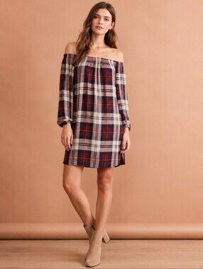 ❤️ ANTHROPOLOGIE CLOTH & STONE OFF SHOULDER PLAID DRESS, XS